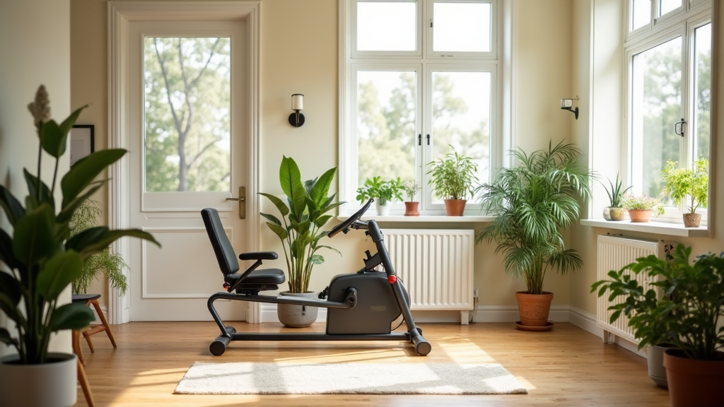JEEKEE Recumbent Exercise Bike for Seniors in a bright, cozy indoor setting surrounded by green plants and sunlight